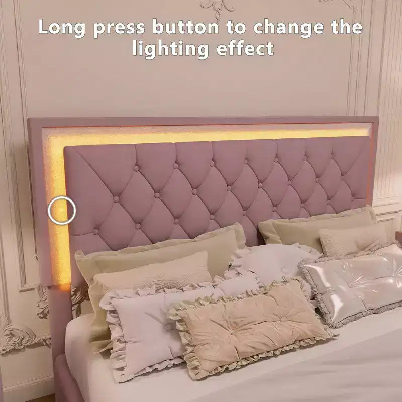 Cadre de lit Queen rembourré avec lumières LED, lit plateforme en velours avec tête de lit capitonnée, rose