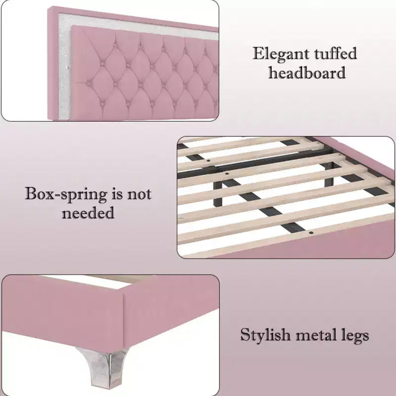 Cadre de lit Queen rembourré avec lumières LED, lit plateforme en velours avec tête de lit capitonnée, rose