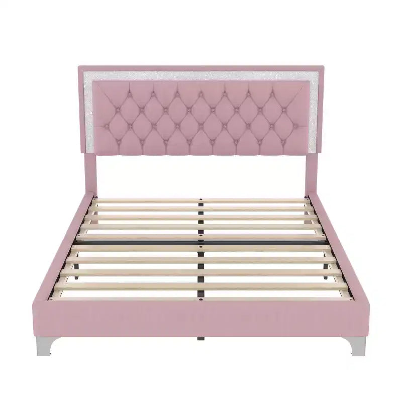 Cadre de lit Queen rembourré avec lumières LED, lit plateforme en velours avec tête de lit capitonnée, rose