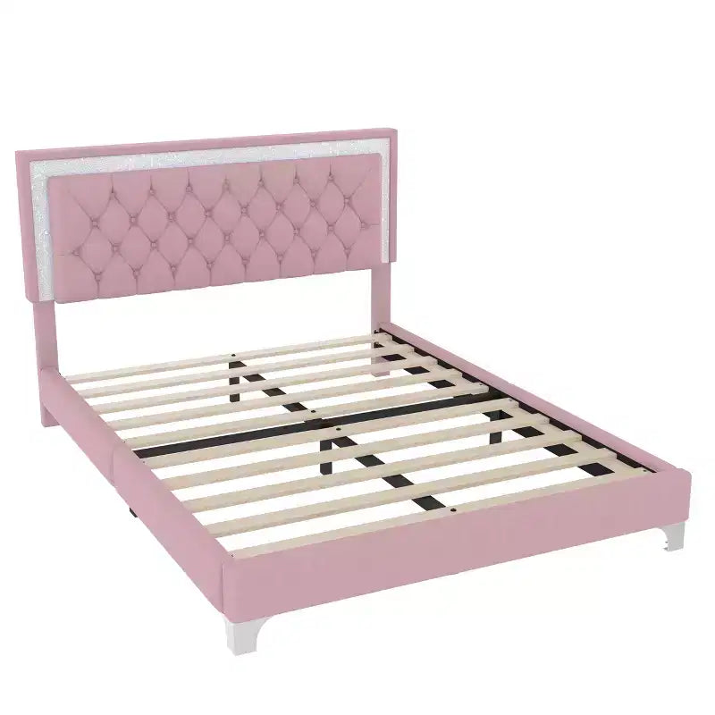 Cadre de lit Queen rembourré avec lumières LED, lit plateforme en velours avec tête de lit capitonnée, rose