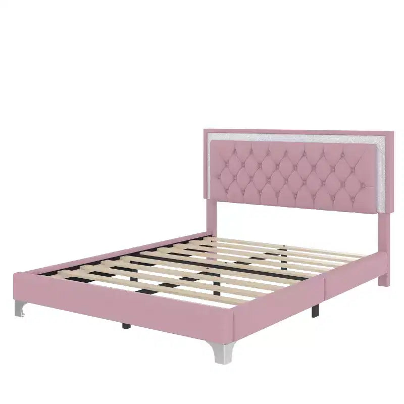 Cadre de lit Queen rembourré avec lumières LED, lit plateforme en velours avec tête de lit capitonnée, rose