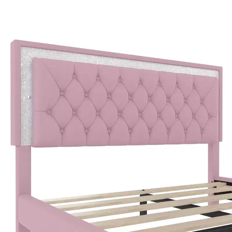 Cadre de lit Queen rembourré avec lumières LED, lit plateforme en velours avec tête de lit capitonnée, rose