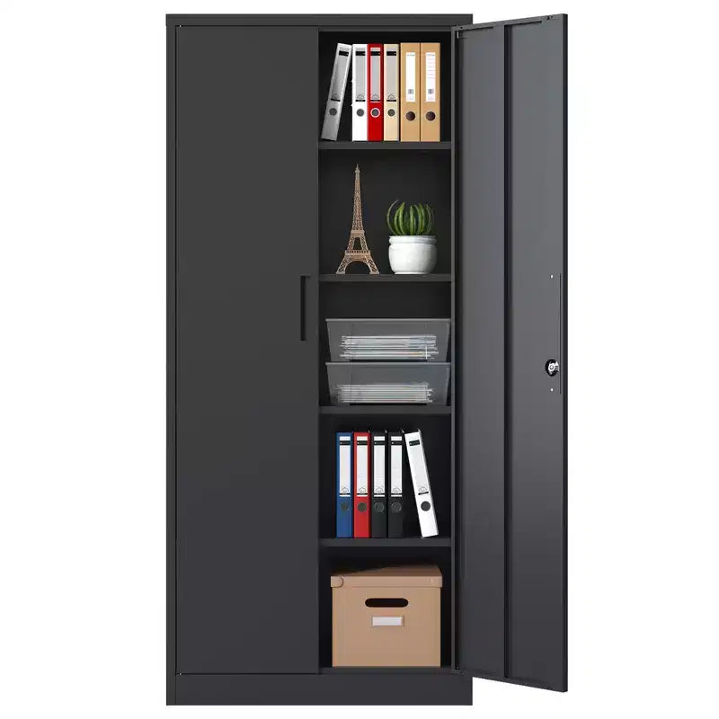 Armoire de rangement de garage en métal 72H, armoire en acier noir verrouillable avec 4 étagères réglables et portes pour maison, bureau, garde-manger, salle de classe