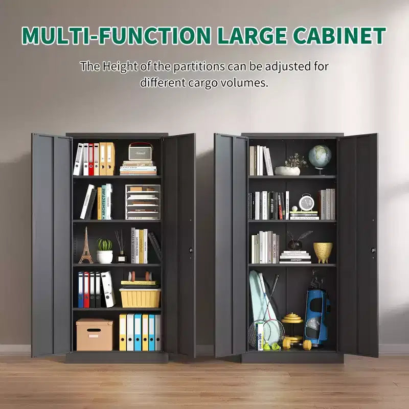 Armoire de rangement de garage en métal 72H, armoire en acier noir verrouillable avec 4 étagères réglables et portes pour maison, bureau, garde-manger, salle de classe