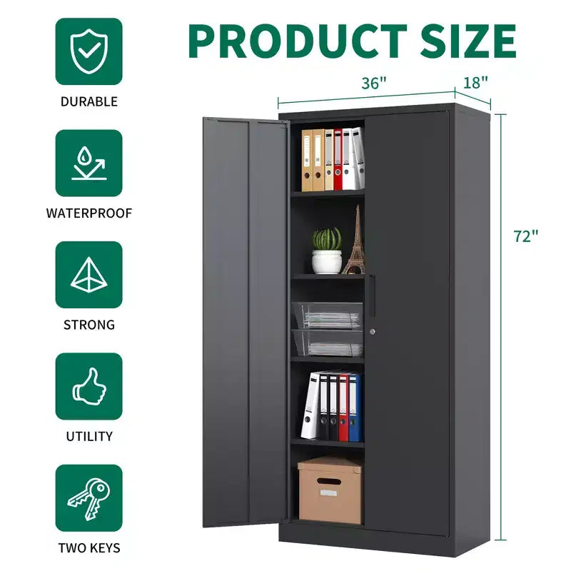 Armoire de rangement de garage en métal 72H, armoire en acier noir verrouillable avec 4 étagères réglables et portes pour maison, bureau, garde-manger, salle de classe
