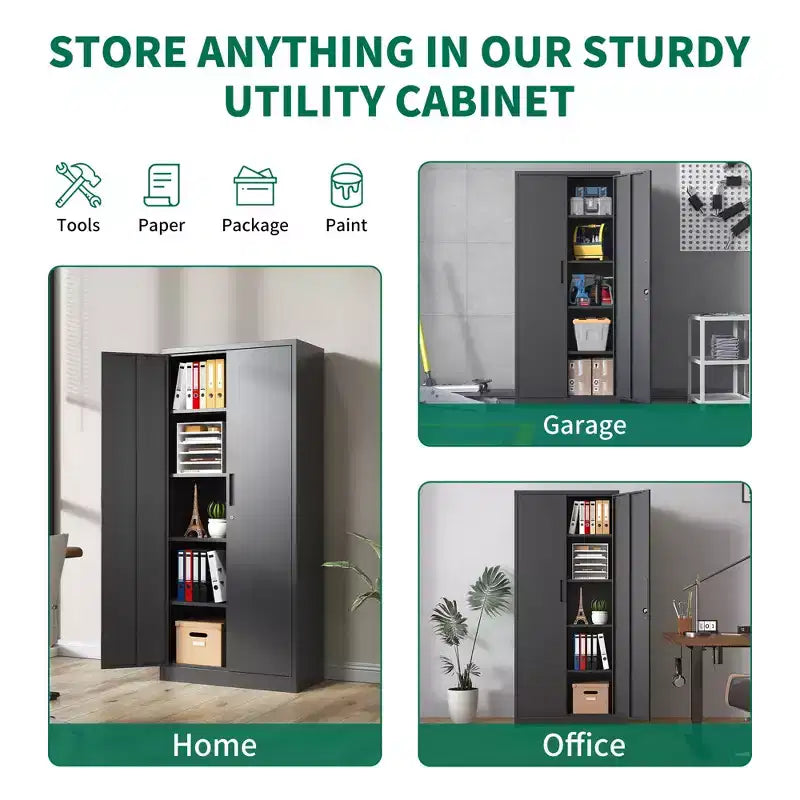 Armoire de rangement de garage en métal 72H, armoire en acier noir verrouillable avec 4 étagères réglables et portes pour maison, bureau, garde-manger, salle de classe