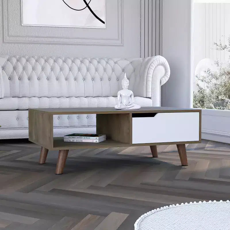 Table basse Dark Brown White Bull Coffee Table 2.0, un tiroir, quatre pieds élégants, étagère ouverte, table de salon de haute qualité