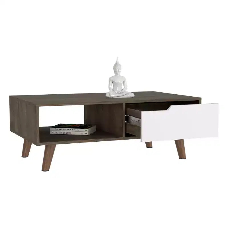 Table basse Dark Brown White Bull Coffee Table 2.0, un tiroir, quatre pieds élégants, étagère ouverte, table de salon de haute qualité