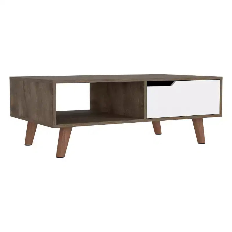 Table basse Dark Brown White Bull Coffee Table 2.0, un tiroir, quatre pieds élégants, étagère ouverte, table de salon de haute qualité