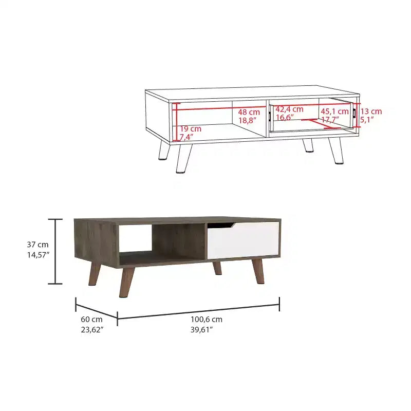 Table basse Dark Brown White Bull Coffee Table 2.0, un tiroir, quatre pieds élégants, étagère ouverte, table de salon de haute qualité