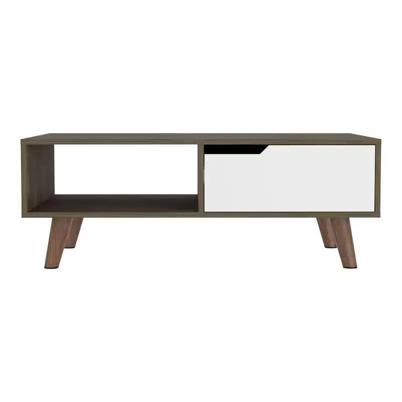 Table basse Dark Brown White Bull Coffee Table 2.0, un tiroir, quatre pieds élégants, étagère ouverte, table de salon de haute qualité