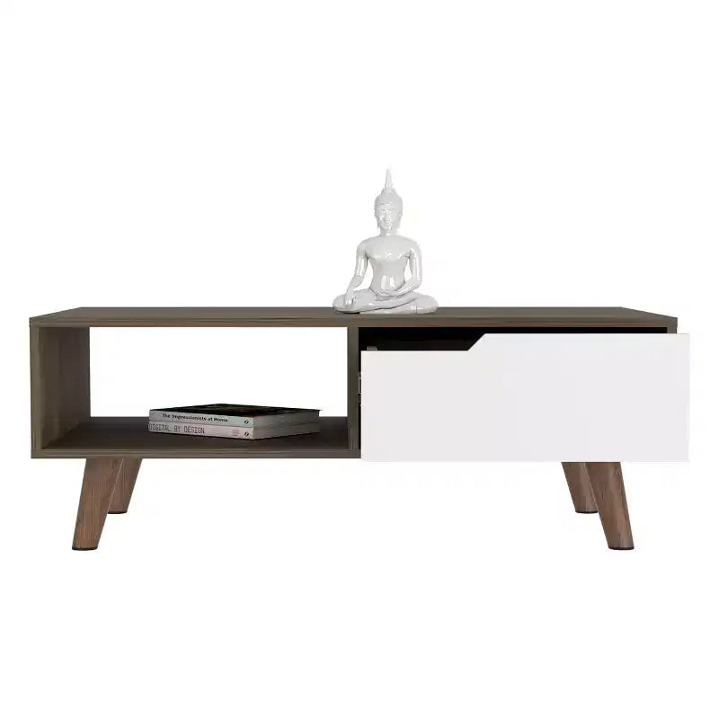 Table basse Dark Brown White Bull Coffee Table 2.0, un tiroir, quatre pieds élégants, étagère ouverte, table de salon de haute qualité