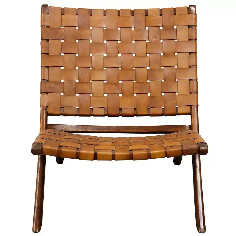 Fauteuil lounge Mid-century moderne marron cognac : cadre en teck massif, revêtement en cuir, aucun assemblage requis