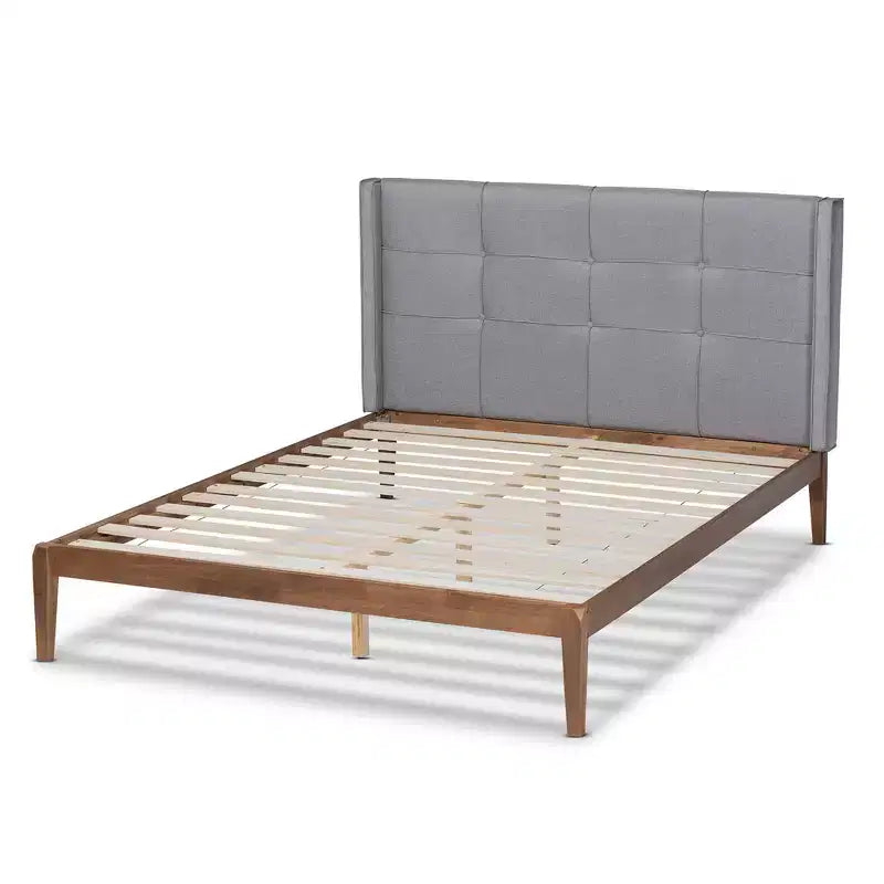 Lit plateforme King en tissu et bois Rembourré Gris/Noyer cendré