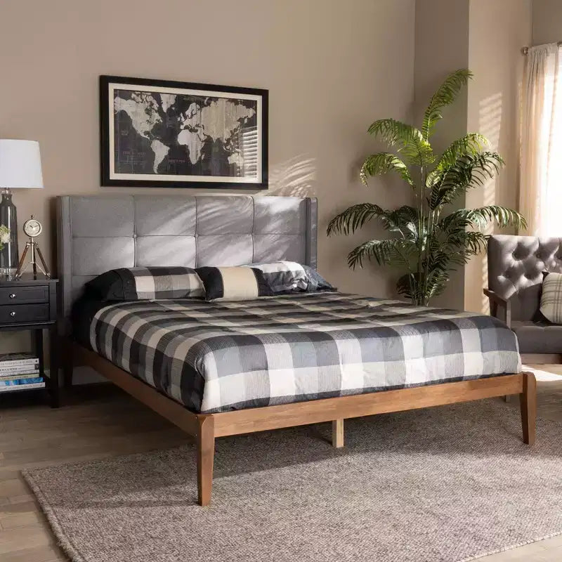 Lit plateforme King en tissu et bois Rembourré Gris/Noyer cendré