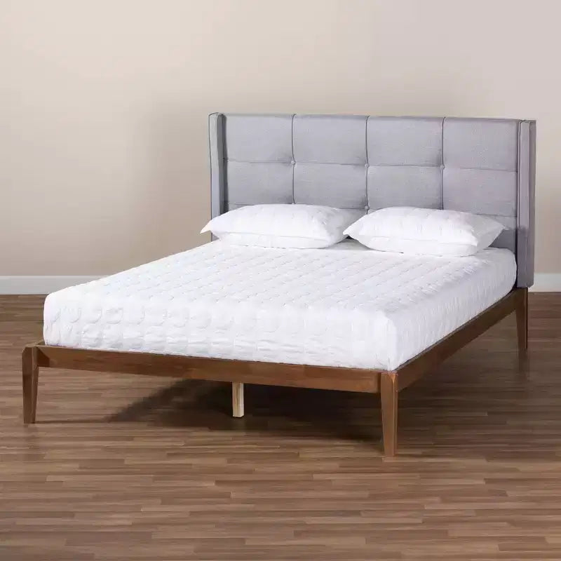 Lit plateforme King en tissu et bois Rembourré Gris/Noyer cendré