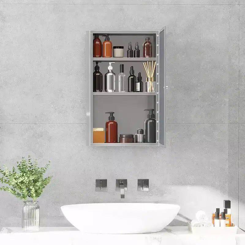 Armoire de toilette avec miroir, armoire à pharmacie verticale 16 x 24 avec cadre en acier inoxydable, organiseur de rangement mural avec porte unique