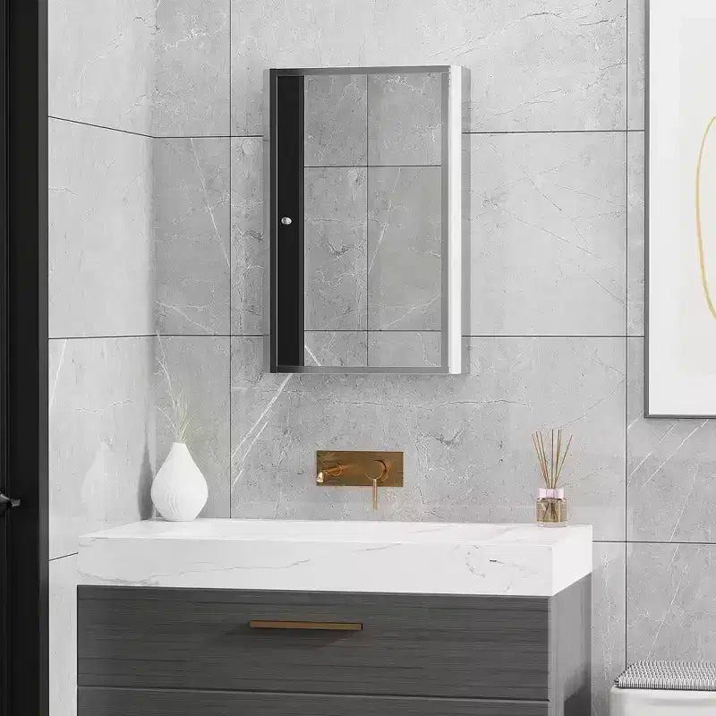 Armoire de toilette avec miroir, armoire à pharmacie verticale 16 x 24 avec cadre en acier inoxydable, organiseur de rangement mural avec porte unique