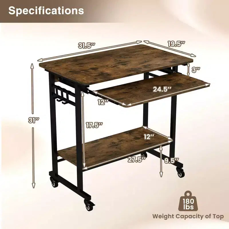 Bureau d'ordinateur à roulettes pour ordinateur portable avec tablette coulissante pour clavier