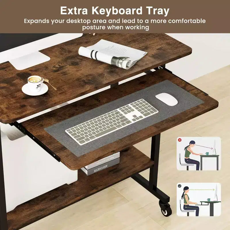 Bureau d'ordinateur à roulettes pour ordinateur portable avec tablette coulissante pour clavier