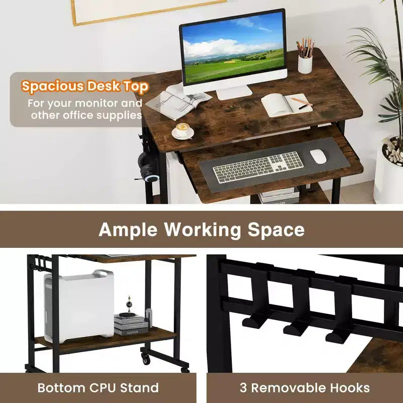Bureau d'ordinateur à roulettes pour ordinateur portable avec tablette coulissante pour clavier