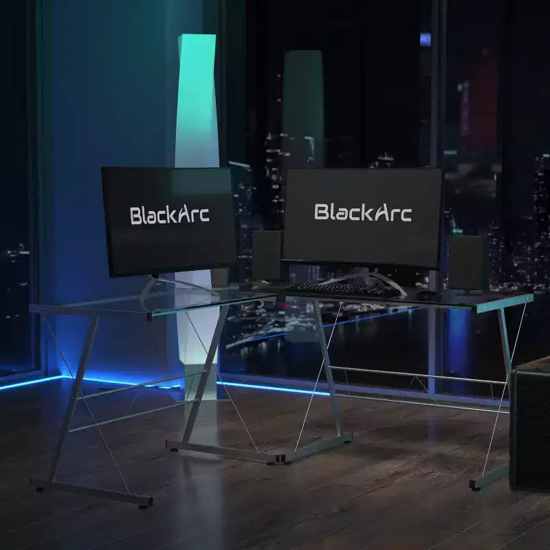Bureau de jeu en L avec plateau en verre trempé et cadre en acier thermolaqué