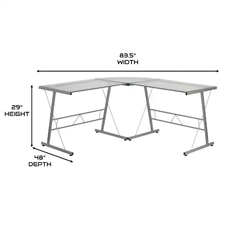 Bureau de jeu en L avec plateau en verre trempé et cadre en acier thermolaqué