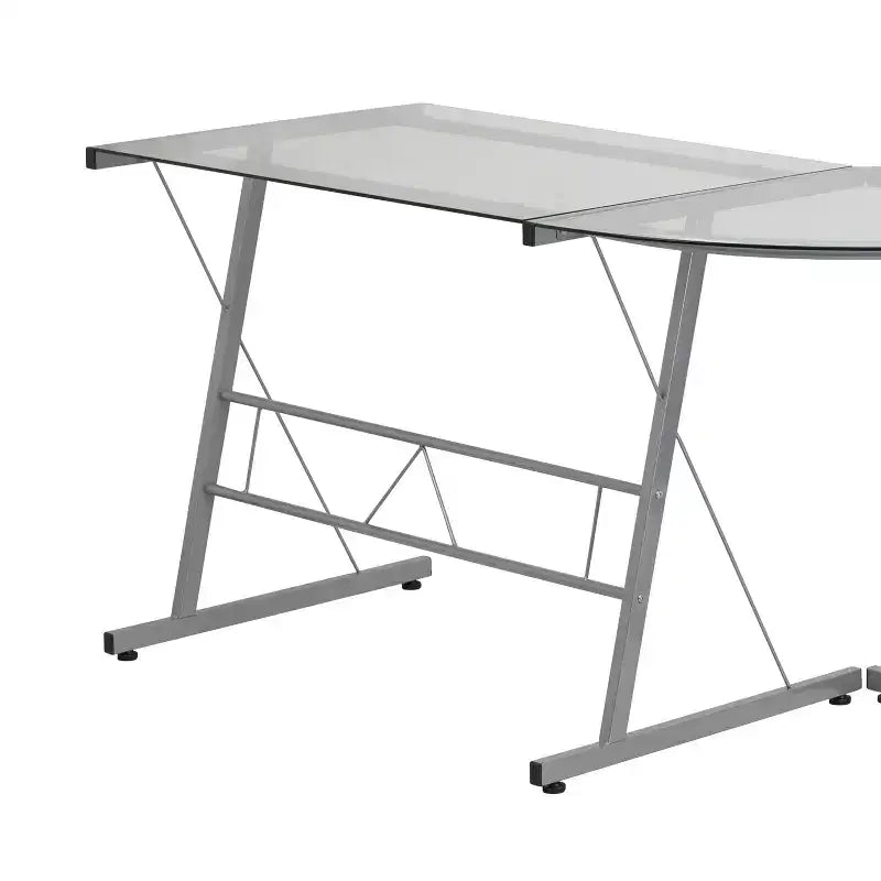 Bureau de jeu en L avec plateau en verre trempé et cadre en acier thermolaqué