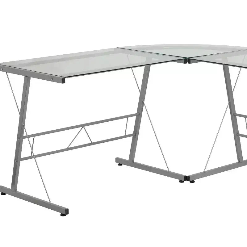 Bureau de jeu en L avec plateau en verre trempé et cadre en acier thermolaqué