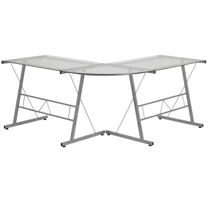 Bureau de jeu en L avec plateau en verre trempé et cadre en acier thermolaqué