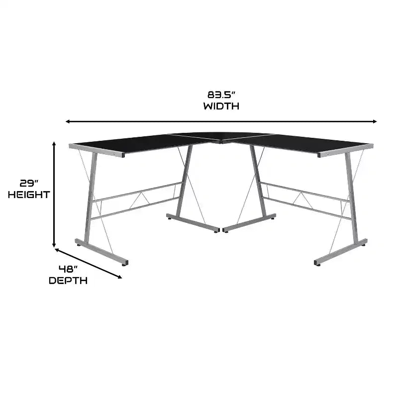 Bureau de jeu en L avec plateau en verre trempé et cadre en acier thermolaqué