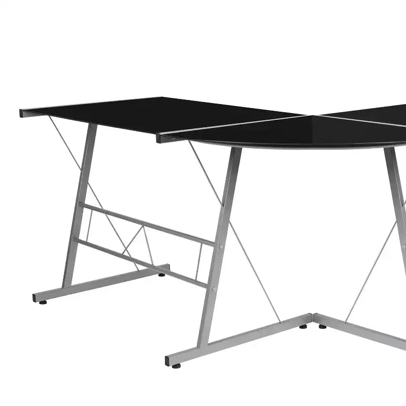 Bureau de jeu en L avec plateau en verre trempé et cadre en acier thermolaqué