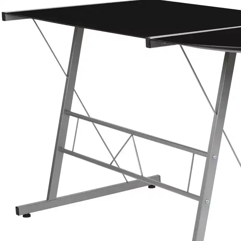 Bureau de jeu en L avec plateau en verre trempé et cadre en acier thermolaqué