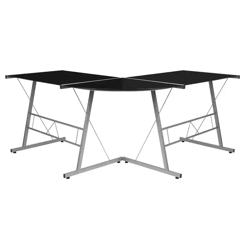 Bureau de jeu en L avec plateau en verre trempé et cadre en acier thermolaqué