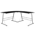 Bureau de jeu en L avec plateau en verre trempé et cadre en acier thermolaqué