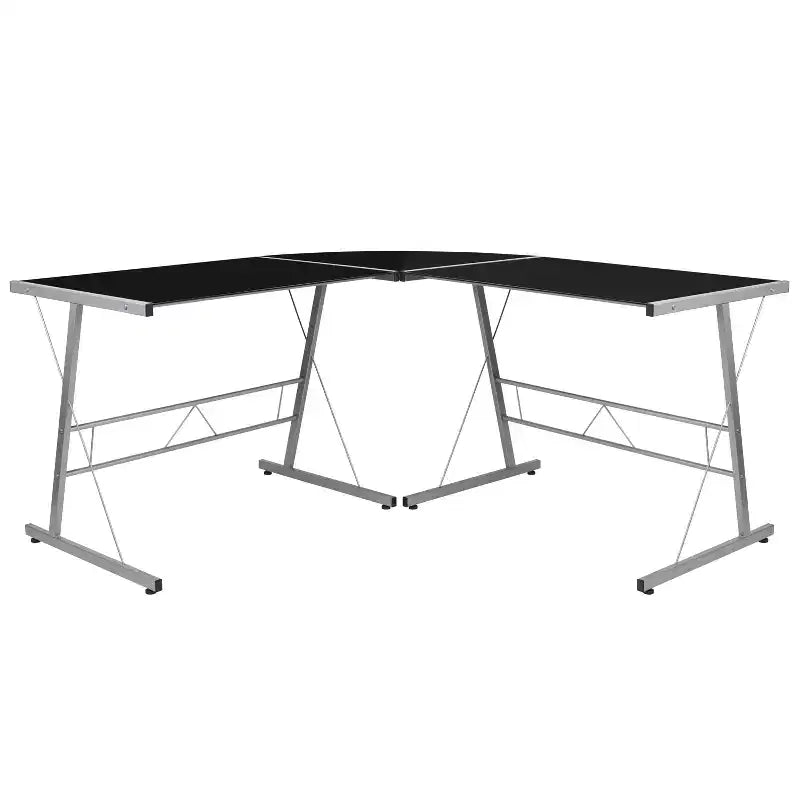 Bureau de jeu en L avec plateau en verre trempé et cadre en acier thermolaqué