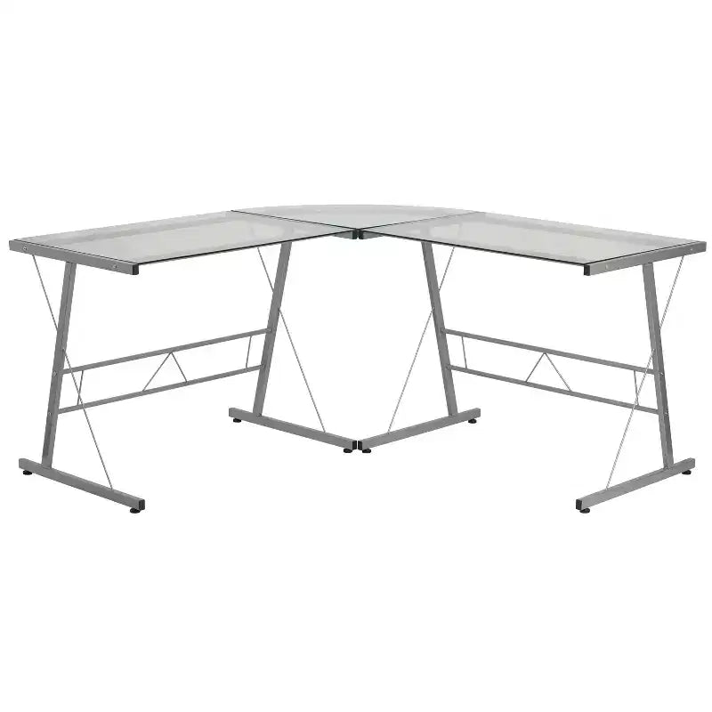 Bureau de jeu en L avec plateau en verre trempé et cadre en acier thermolaqué